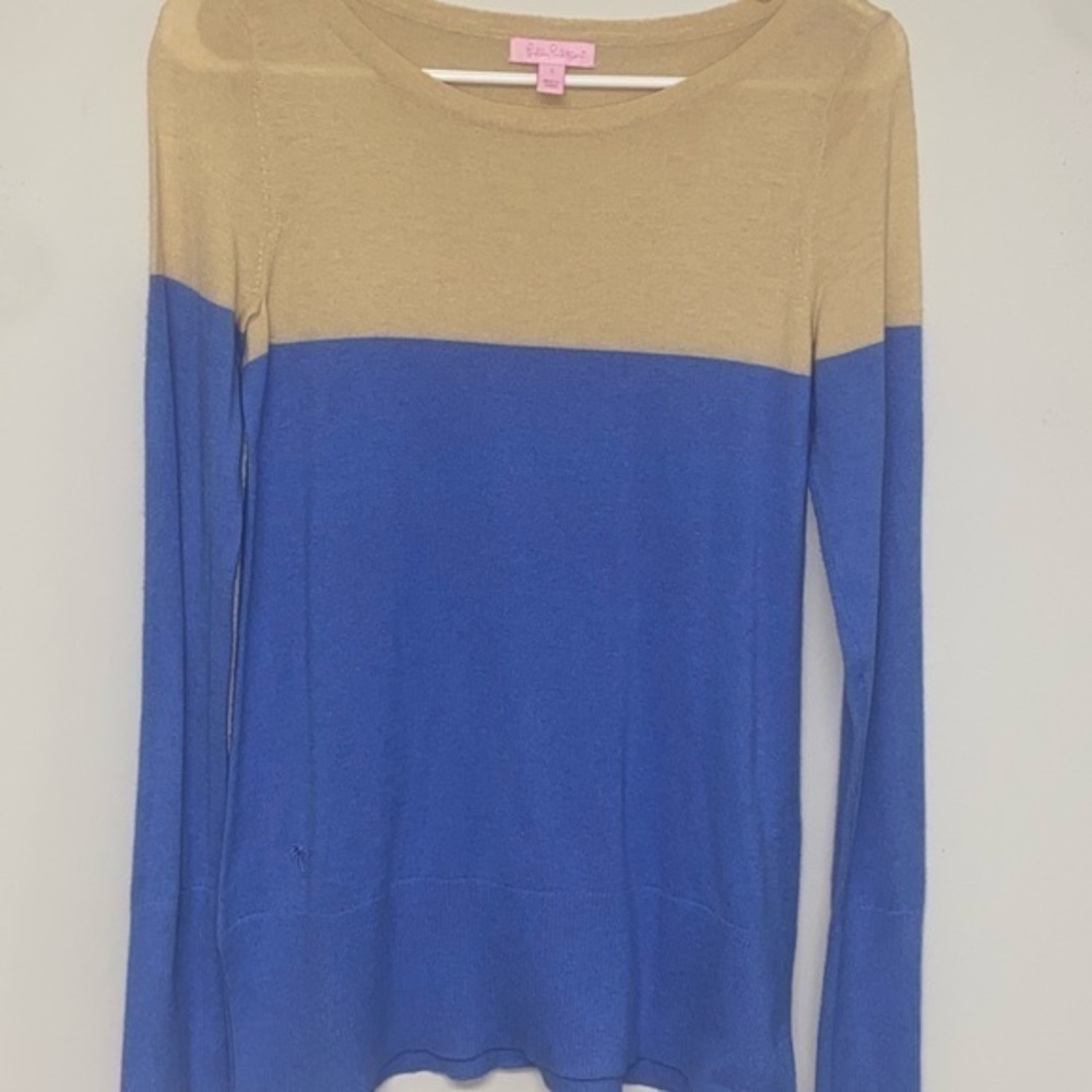 Lilly Pulitzer Boatneck Sweater Blue/Yellow Cotton Size Small Nylon Blend